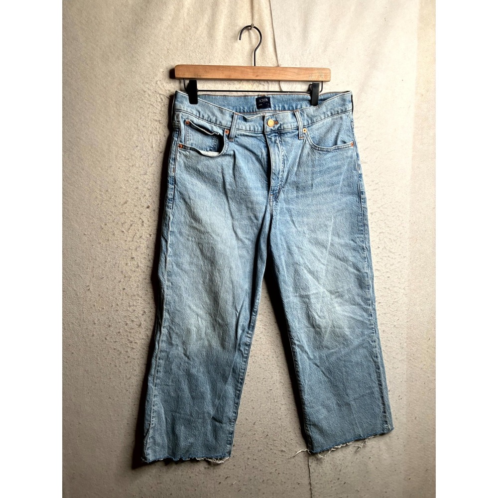 J.Crew Wide Leg Cropped Jeans Womens 30 Blue Whisker Denim High Rise Raw Hem